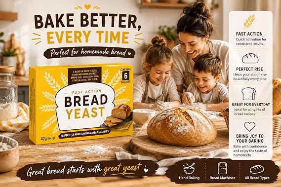 Fast Action Bread Yeast Multipack Pack of 2 (12 x 7g Sachets) | Instant Dried Baking Ingredient for Bread Machines, Hand Baking, Pizza Dough, Rolls & Homemade Loaves | Total 84g