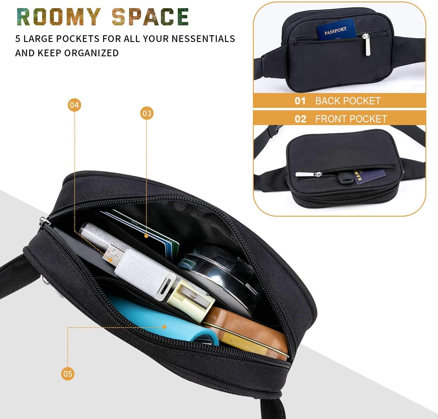  | Fanny Packs for Women Fashionable, Waist Belts Bags for Teen Girls with 4 Zipper Pockets, Lightweight Cute Bum Belt Bag Mens Fanny Pack for Disney Travel Hiking Running (Black) | Waist Packs