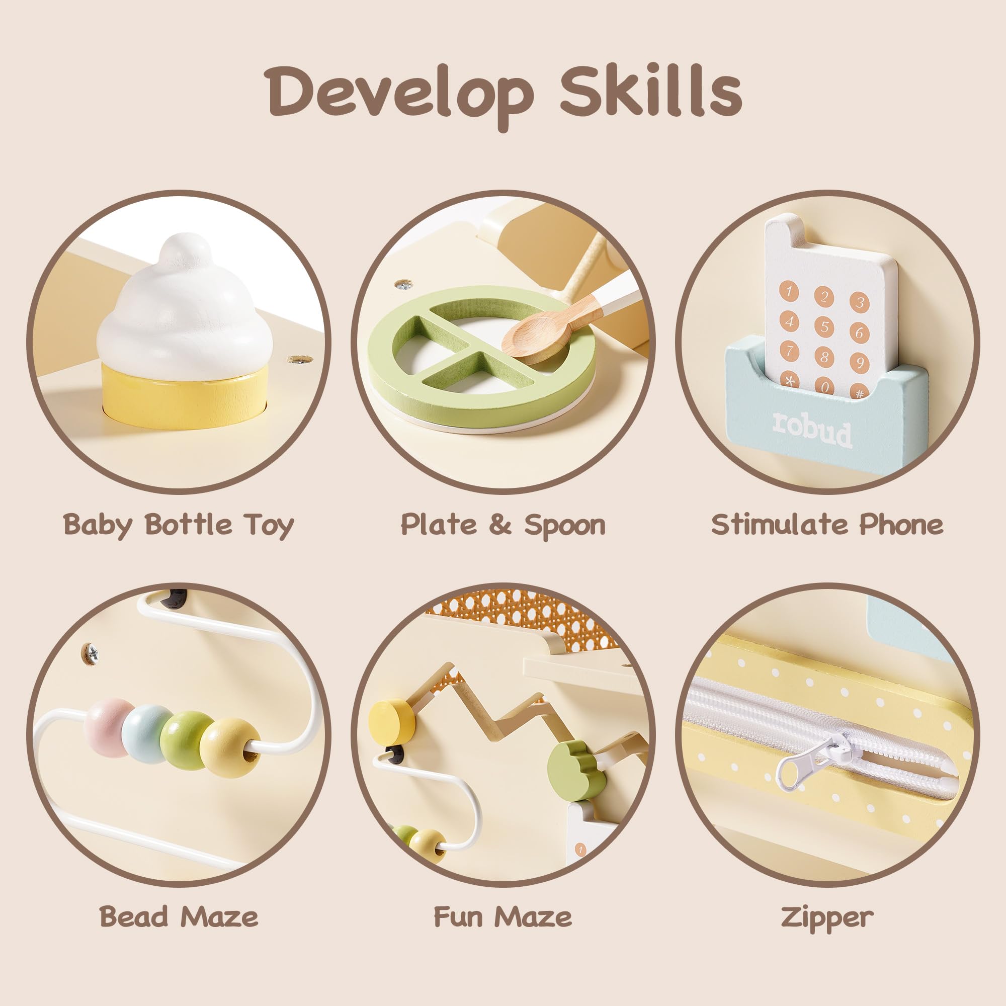 ROBUD Marchette en bois pour enfants de 1 à 2 ans, poussette 2 en 1 avec centre d'activités pour les tout-petits, marcheur à pousser avec frein de sécurité, jouets éducatifs pour garçons et filles de