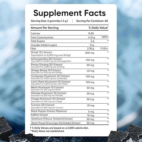 Miniatura 3 de Gomitas Shilajit puras del Himalaya I Lab Probadas I Mezcla sinérgica de Ashwagandha y complejo de 5 hongos  Ácido fúlvico y 85+, minerales traza