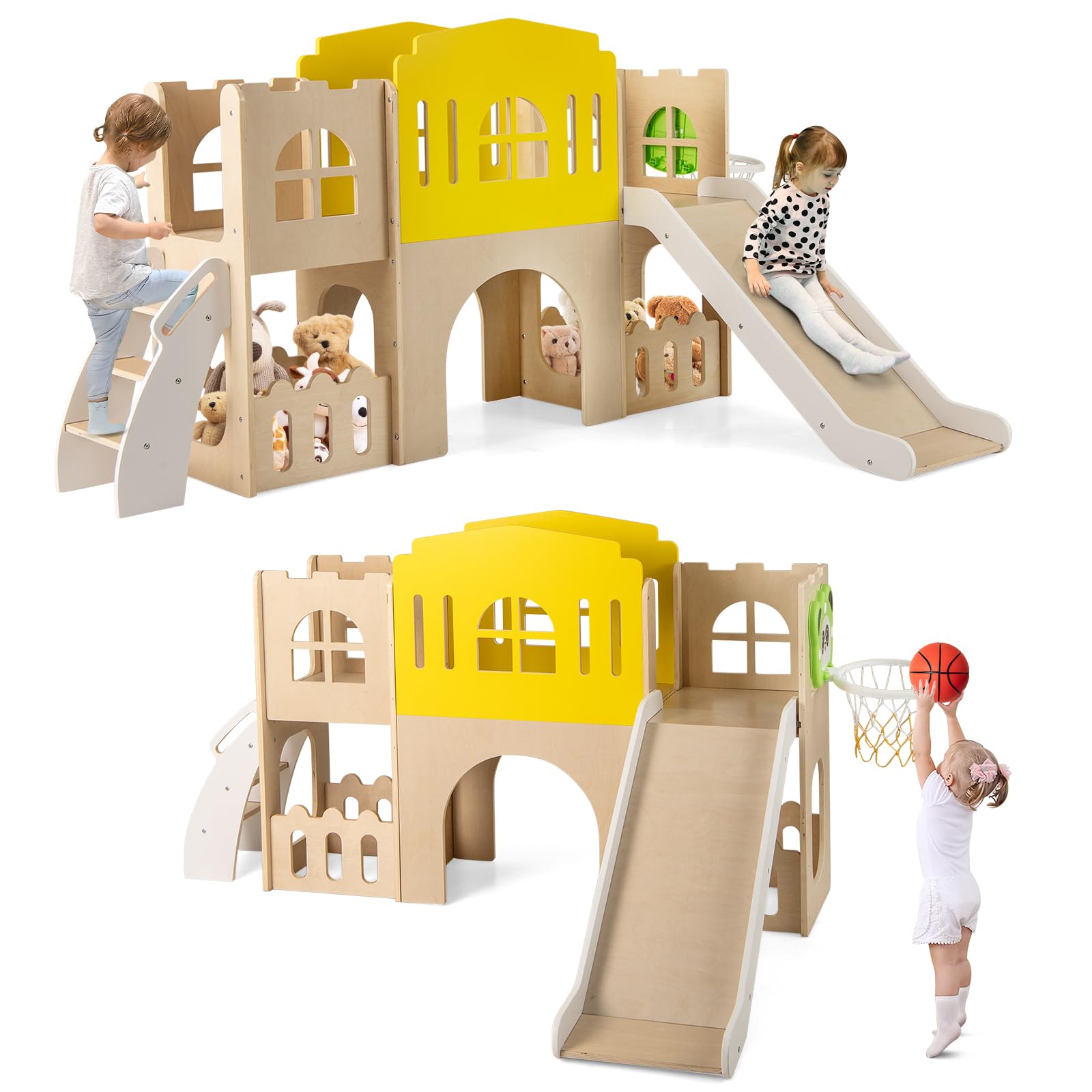 COSTWAY 7 en 1 Tobogán Infantil Interior de Madera con Escalera, Canasta de Baloncesto, Pasillo Largo, Túnel y Espacio de Almacenamiento, Centro de Actividades con Forma de Castillo de Madera
