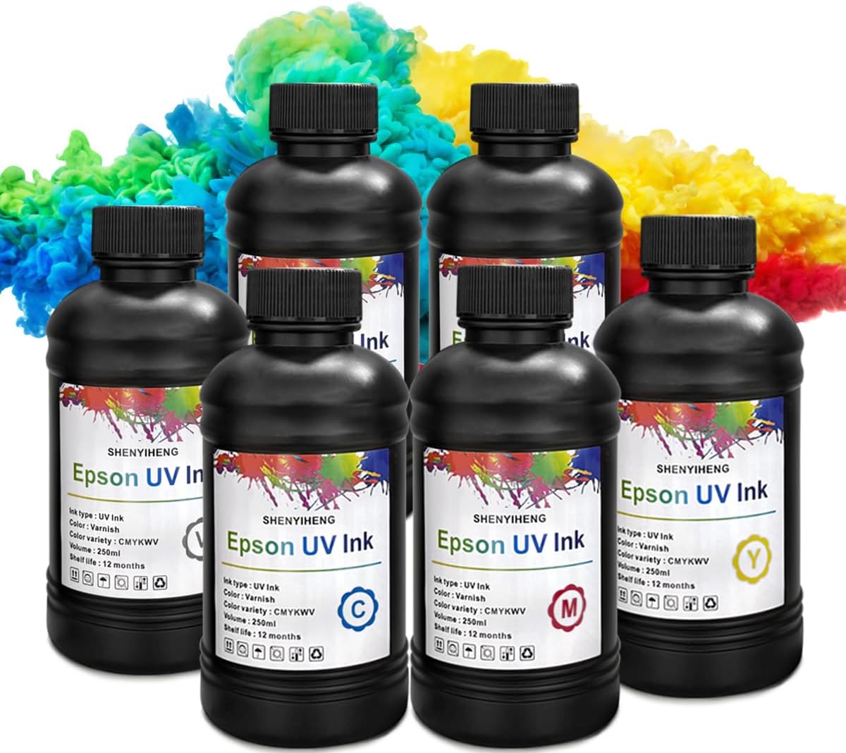 UV Ink 250ml for Printer Printing on A B Films for XP600 TX800 i3200 i1600 L805 1390 DX5 DX6 DX7 DX10 UV Sticker Printer, 6x250ML (CMYKWV)