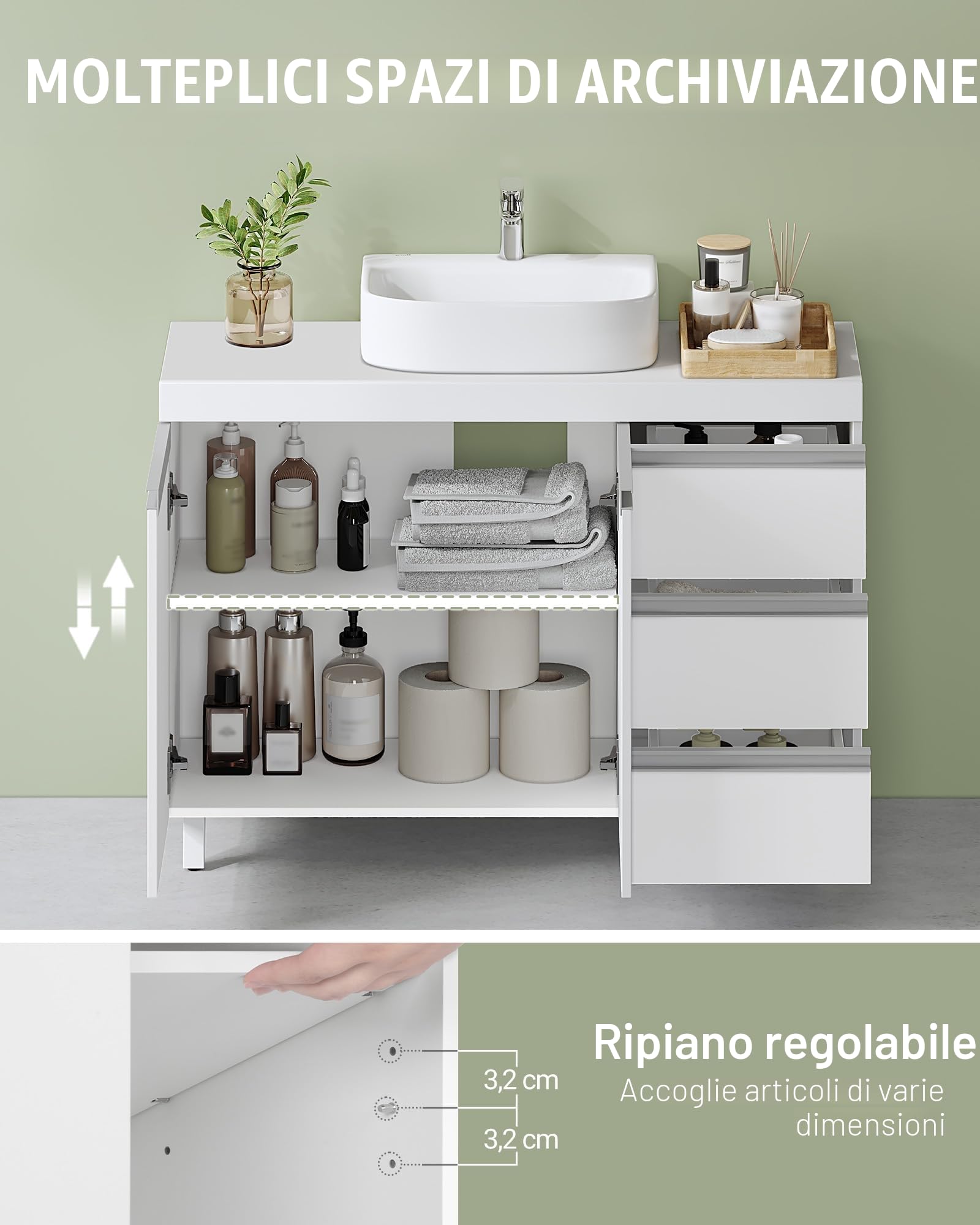 Hzuaneri Mobile Sottolavabo per Bagno, Mobiletto da Bagno, 3 Cassetti, 2 Ante, con Piedini, indipendente, moderno, 30 x 90 x 64 cm, Bianco BC29903X