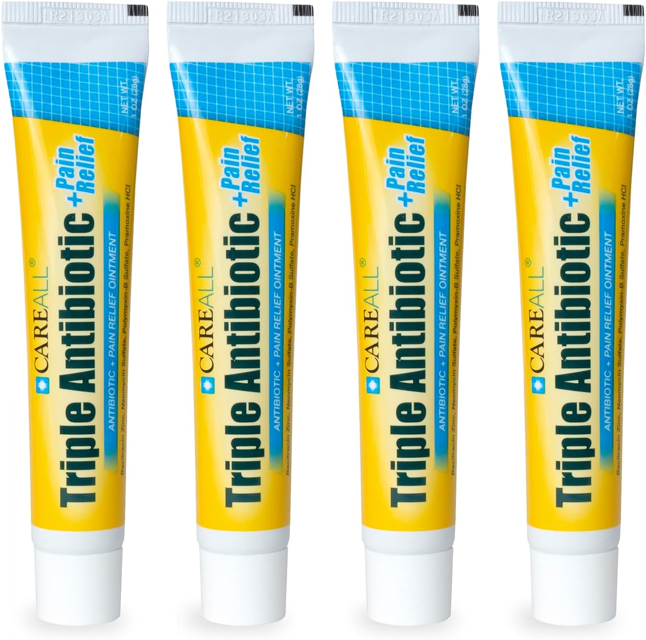 CareAll Triple Antibiotic Ointment + Pain Relief 1.0 oz (4 Pack), Dual Action First Aid for Minor Scrapes, Cuts, and Burns to Help Prevent Infection While Providing Maximum Strength Pain Relief.