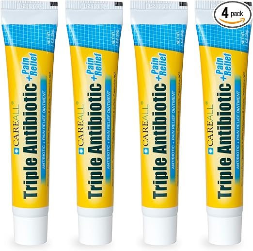 CareAll Triple Antibiotic Ointment + Pain Relief 1.0 oz (4 Pack), Dual Action First Aid for Minor Scrapes, Cuts, and Burns to Help Prevent Infection While Providing Maximum Strength Pain Relief.