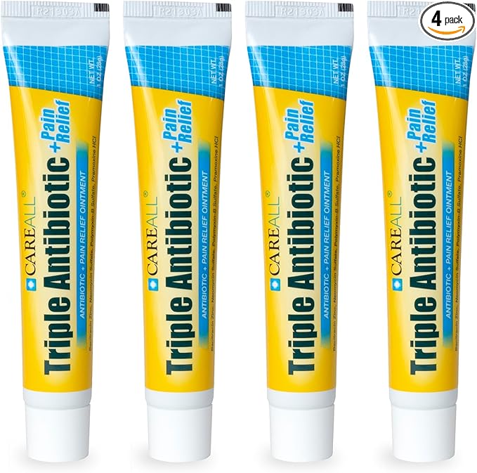 CareAll Triple Antibiotic Ointment + Pain Relief 1.0 oz (4 Pack), Dual Action First Aid for Minor Scrapes, Cuts, and Burns to Help Prevent Infection While Providing Maximum Strength Pain Relief.