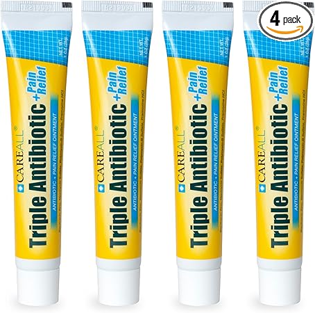 CareAll Triple Antibiotic Ointment + Pain Relief 1.0 oz (4 Pack), Dual Action First Aid for Minor Scrapes, Cuts, and Burns to Help Prevent Infection While Providing Maximum Strength Pain Relief.