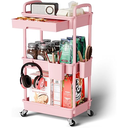 3 Tier Rolling Cart Organizer,Laundry Room Bathroom Organizers and Storage Office Shelves Mobile Shelving Unit Kitchen Trolley Cart with Wheels for Art,Craft,Diaper,Bedside,Snack(Pink)