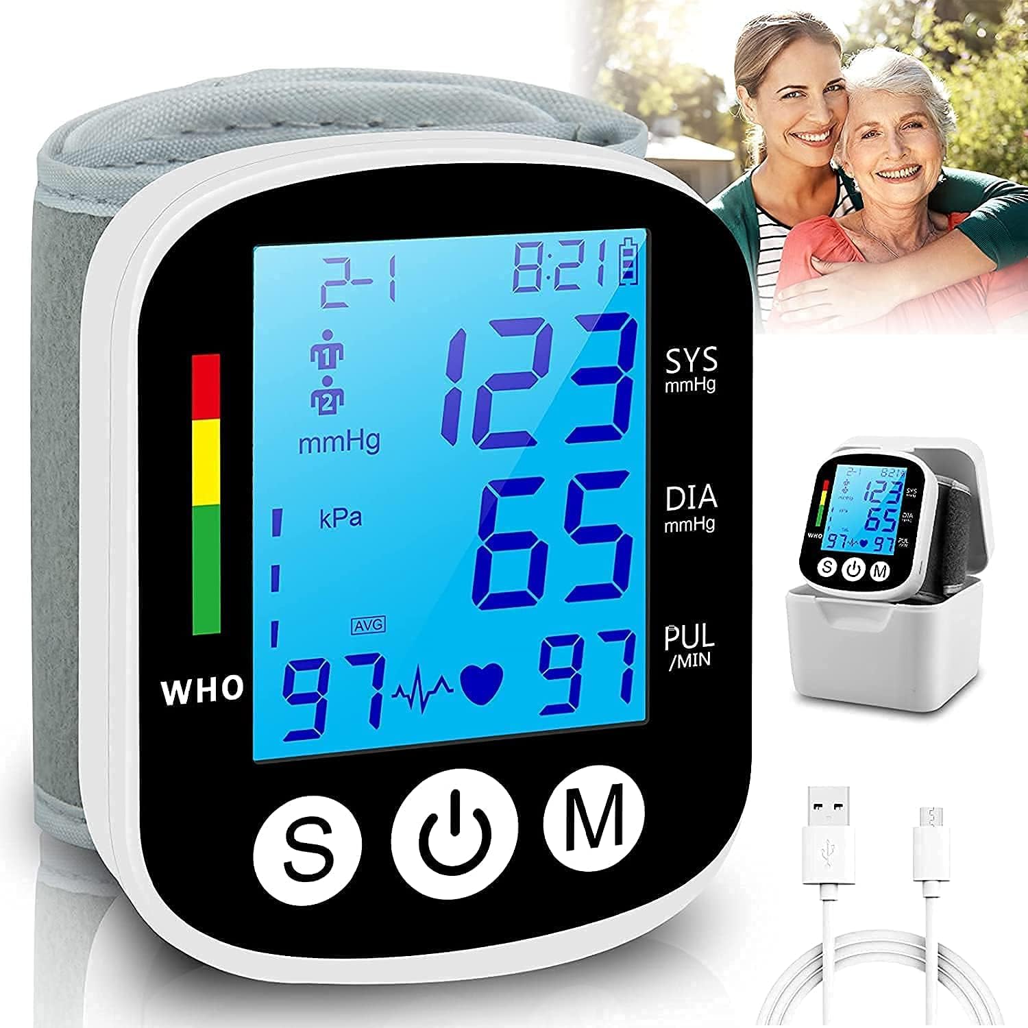 Topffy Blood Pressure Monitor, Wrist BP Cuff Rechargeable Automatic BP Machine Blue Backlit Digital BP Monitor Pulse Rate Monitoring Meter 2*99 Memory Wrist Blood Pressure Monitor for Home Use Black