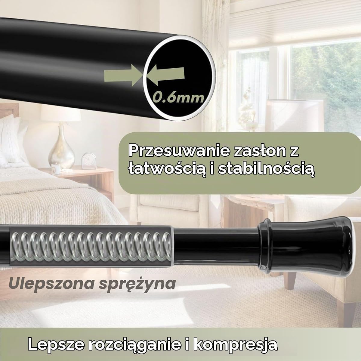 1 x wysuwany drek napinajcy do zasony bez wiercenia, teleskopowy drek do zasony prysznicowej, regulowany drek do zasony prysznicowej do zason z oczkami, azienki, sypialni (175-260 cm)