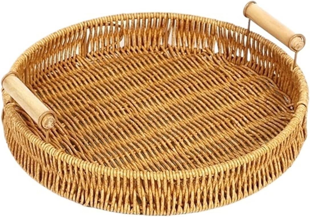 Fruit Bowl Rattan, Bread Basket with Wood Handle, Wicker Storage Bowls, Natural Woven Serving Basket Bread Bowl for Shelf Kitchen Tabletop
