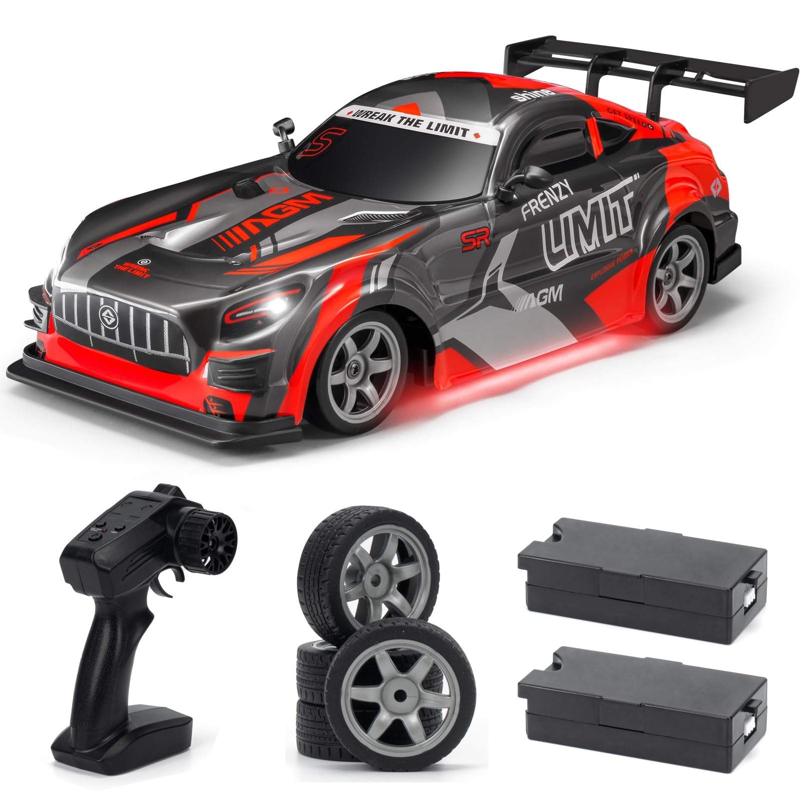 ACAMMZAR 1:16 RC Drift Car, 25KM/H 4WD High Speed Remote Control Cars for Kids, with LED Lights, Two Batteries, Extra Tires, Drift RC Cars for Adults, Red