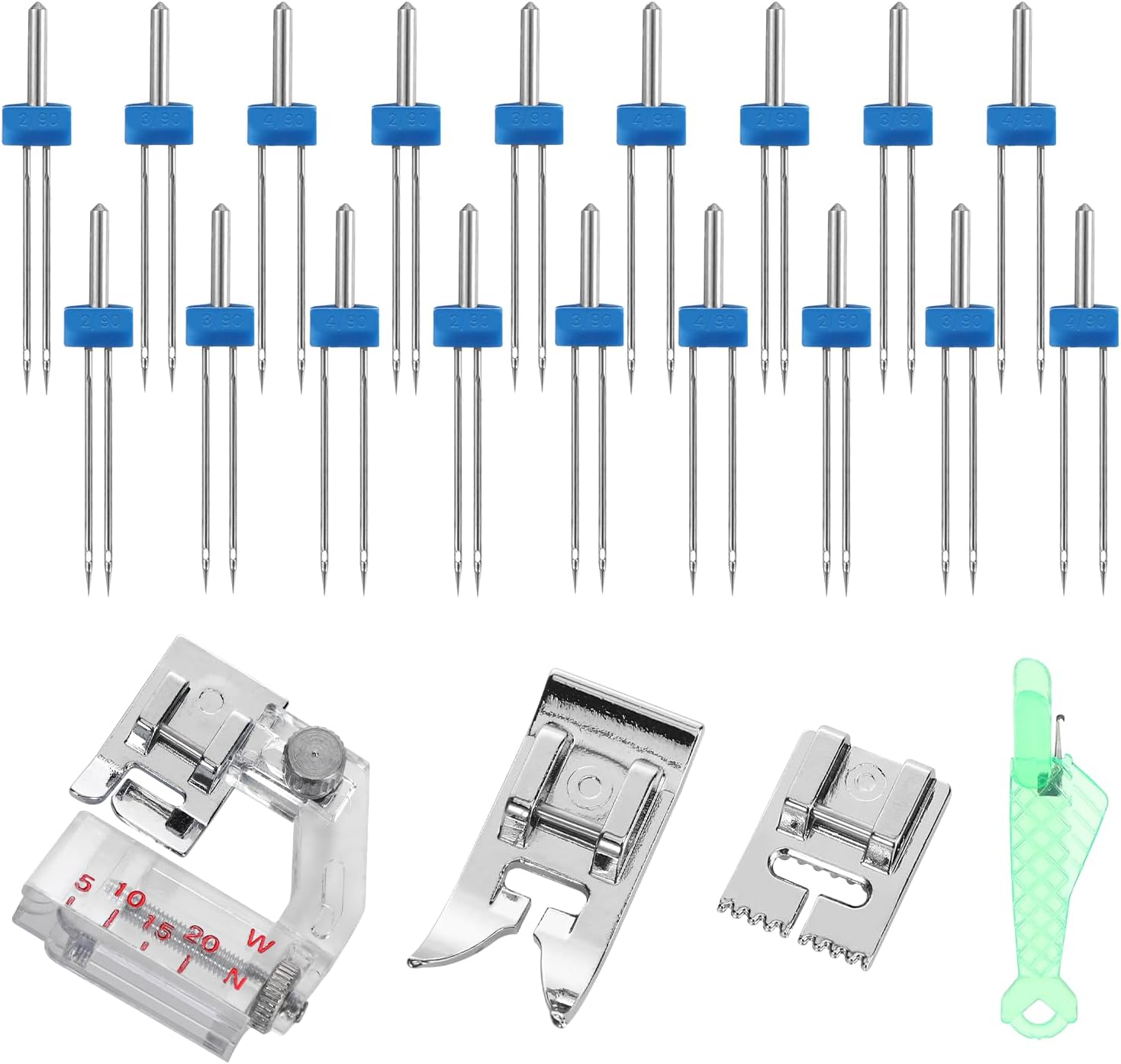 Twin Needles for Sewing Machine, 18 Pcs Double Twin Needles with 3 Pcs Presser Foot and 1 Pcs Needle Threader for Household Sewing Machine, 3 Size 2/90 3/90 4/90 with Plastic Box