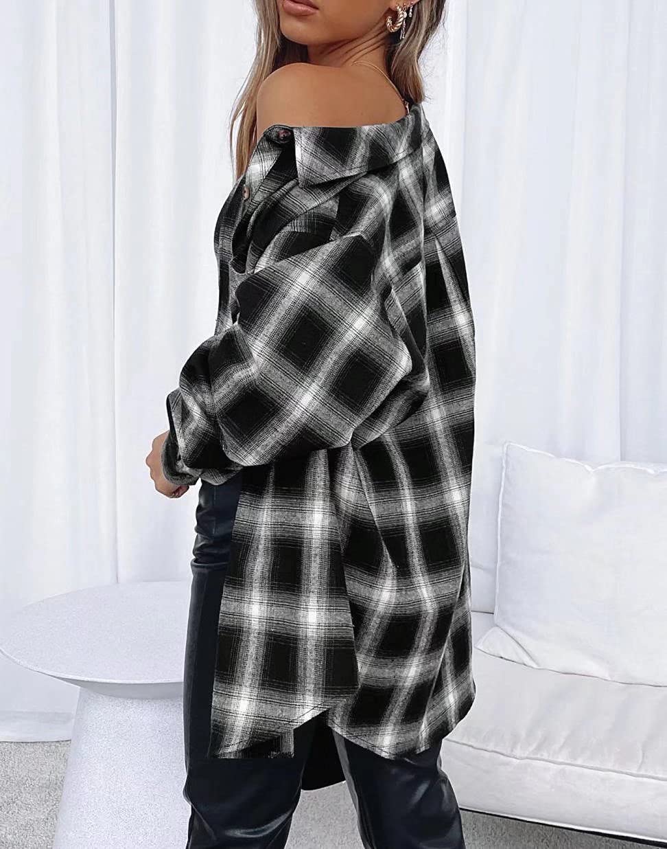 Lacozywomens Buffalo Plaid Flannel Shirt Long Sleeve Collar Button