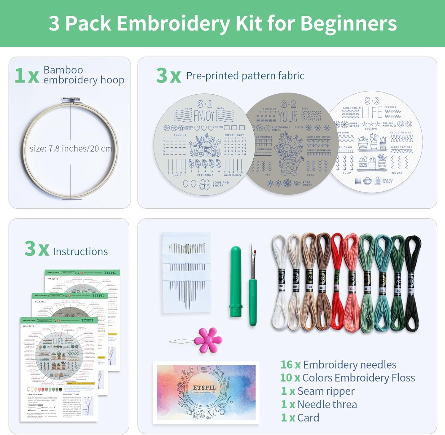 ETSPIL 7 Pack Beginner Embroidery Kits for Adults – DIY Starter Set with 33 Stitch Techniques, Stamped Wreath and Plant Patterns, Embroidery Hoop, Colorful Threads, Tools, Step-by-Step Instructions &