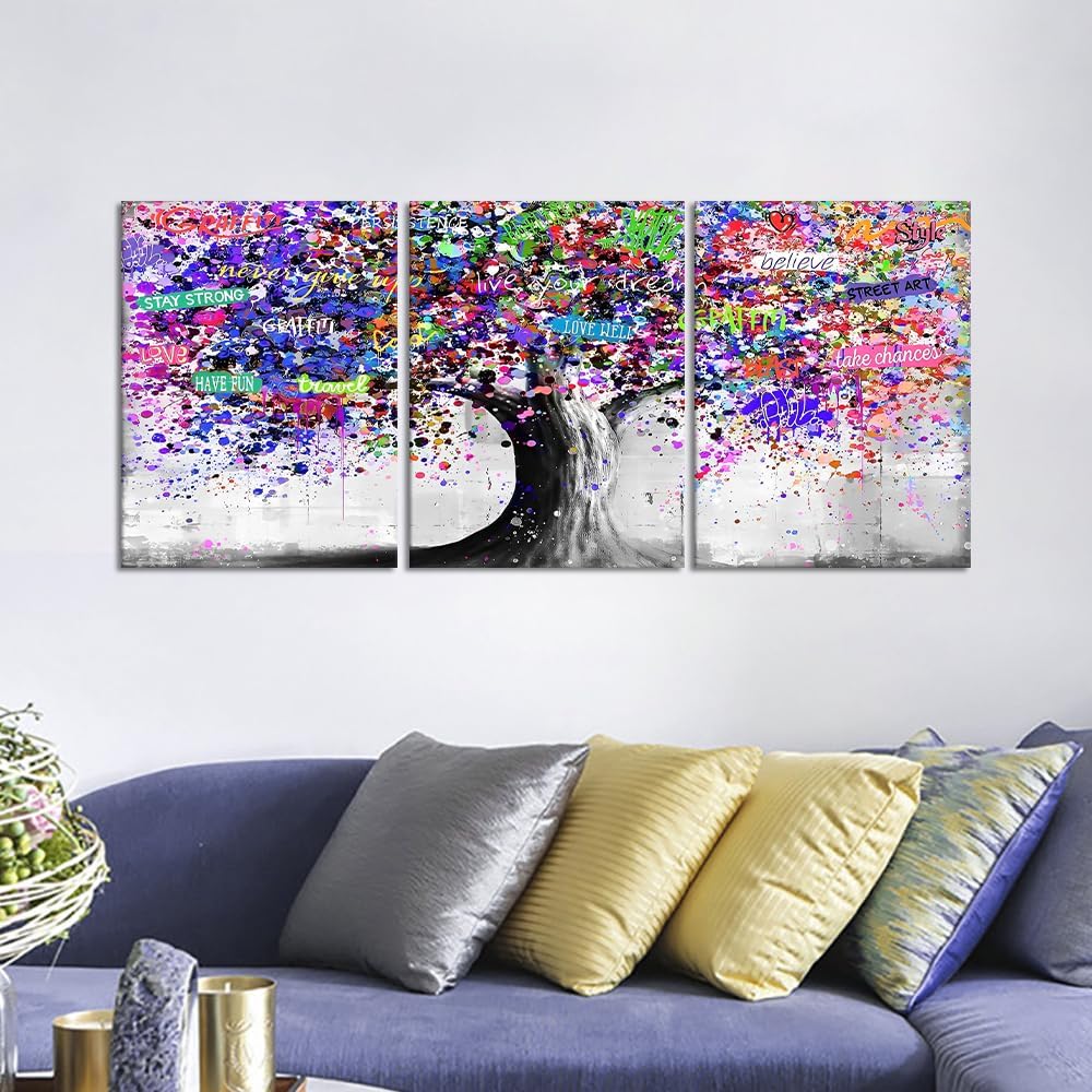 Novatique Graffiti Wall Decor Colorful Tree Wall Art Abstract Pop Graffiti Posters Canvas Print Street Art Tree of Life Wall Art Home Decor for Living Room Bathroom,12" x 16" x 3Pcs