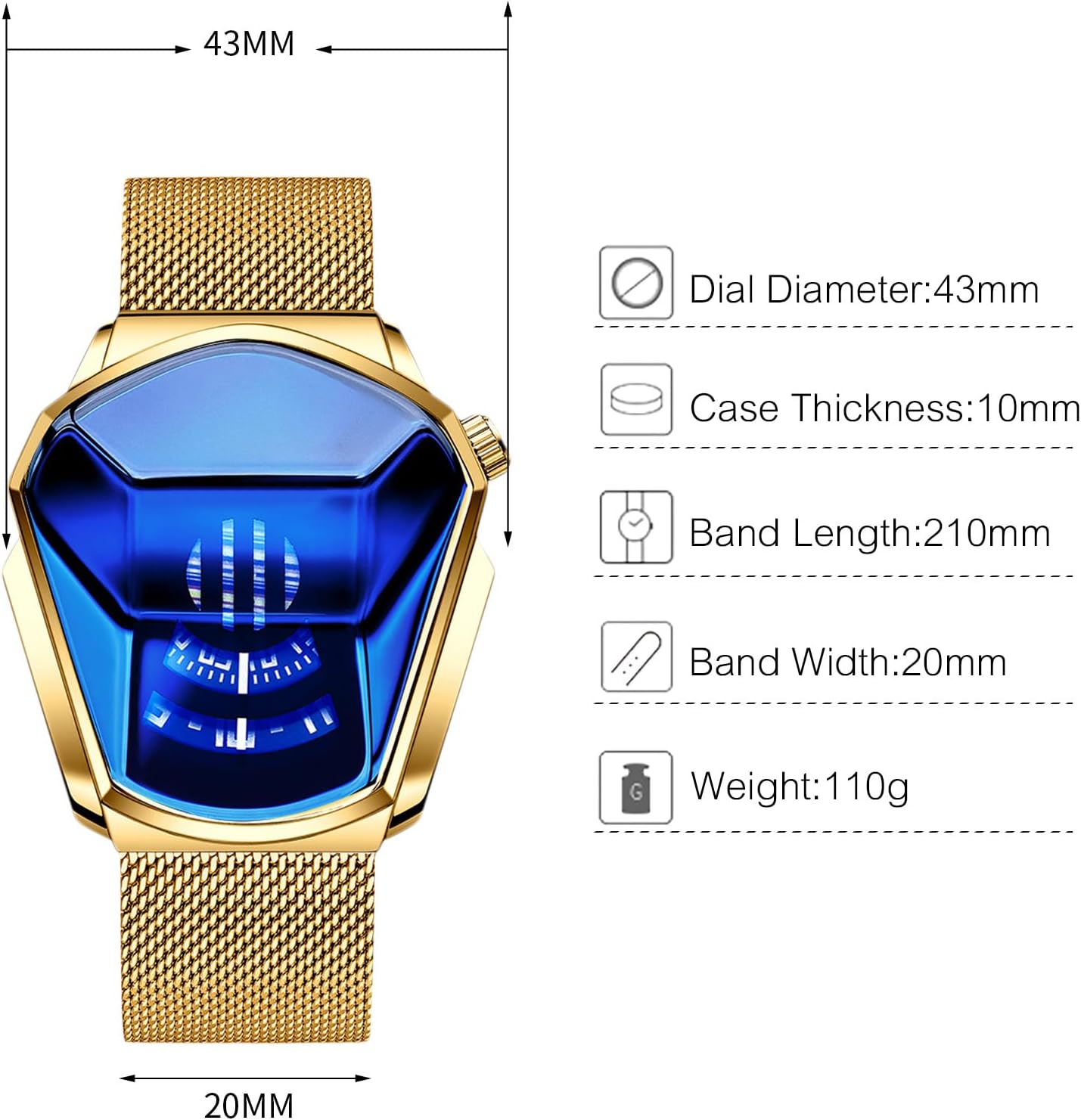 Diagram showing dimensions of RORIOS watch