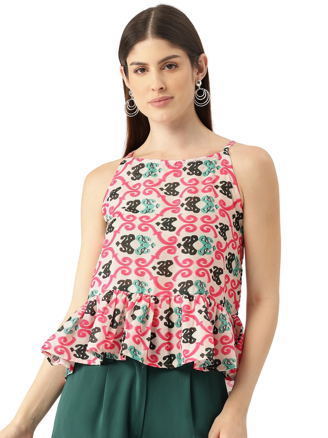 feranoid Cropped Sleeveless Strap Peplum top with Digital Print on Linen Fabric.