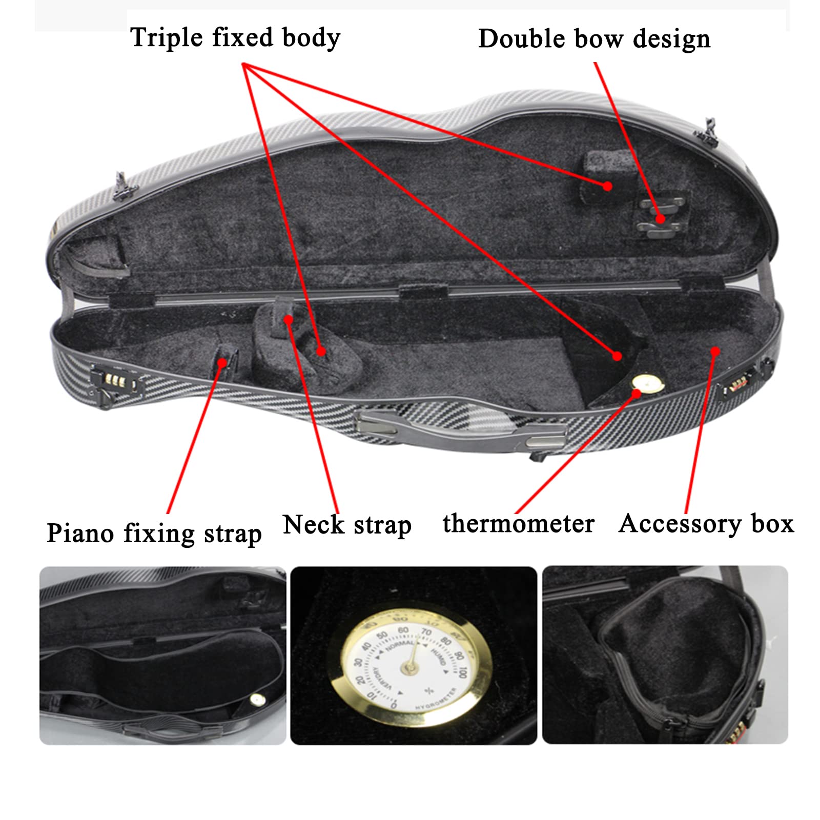 Estuche para Violín 4/4 Tamaño Completo con Higrómetro, Estuche para Violín Fuerte Interior de Felpa Súper Liviano con Bloqueo de Contraseña,White