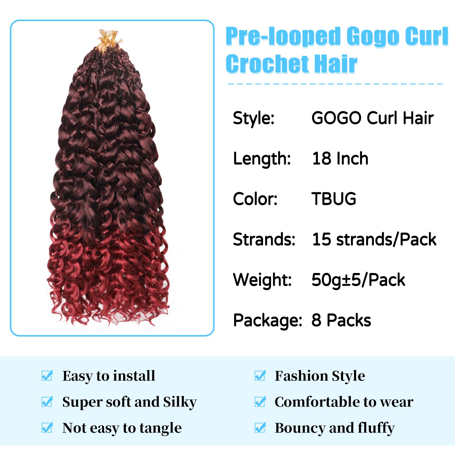 Ainimiu Pre-Looped Gogo Curl Crochet Hair 18 Inch 8 Packs Curly Crochet Hair for Black Women - Image 2