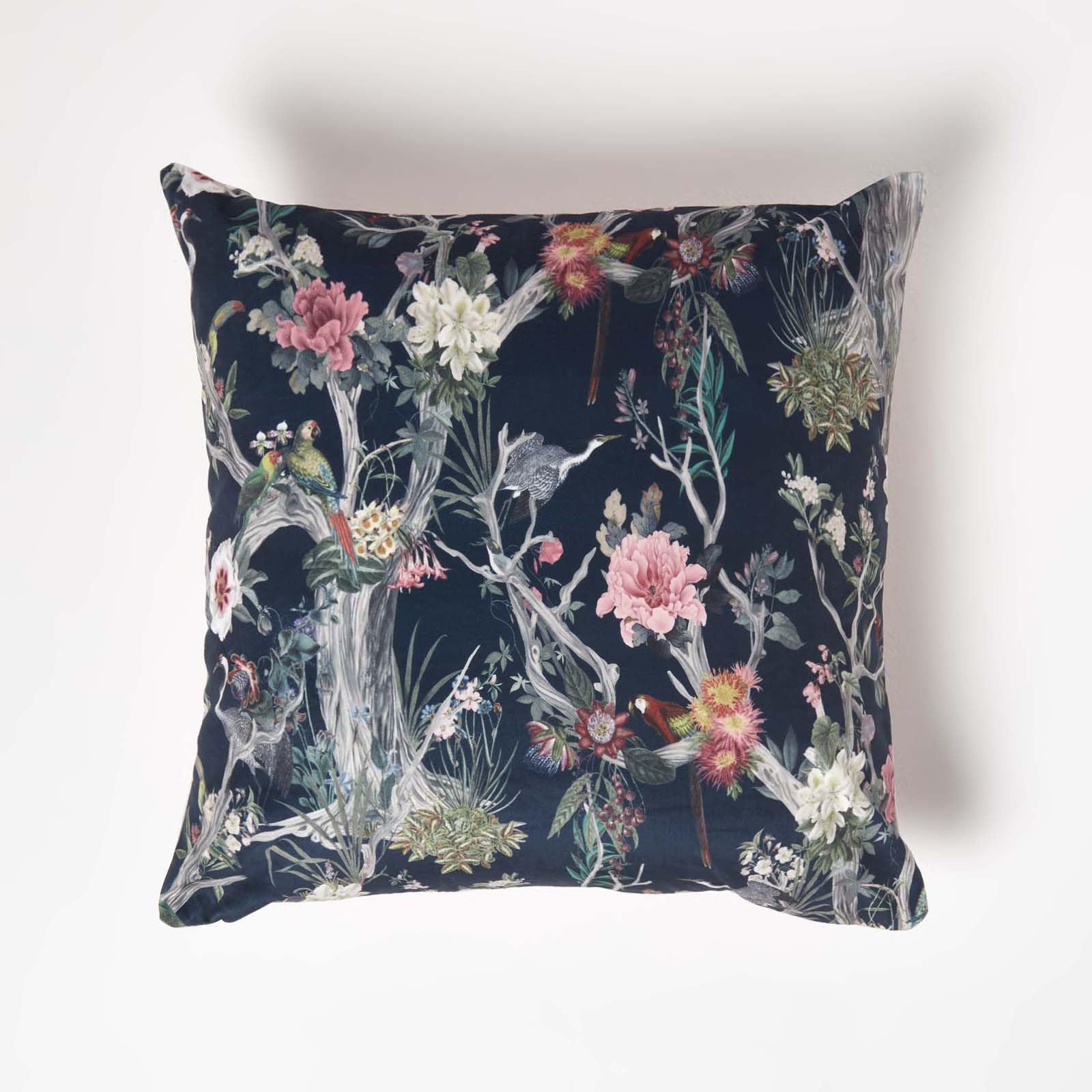 HOMESCAPES Navy & Pink Reversible Velvet Floral Cushion 46 x 46 cm Filled Decorative Throw Pillow with Garden Parrot Design Cushion Insert Included