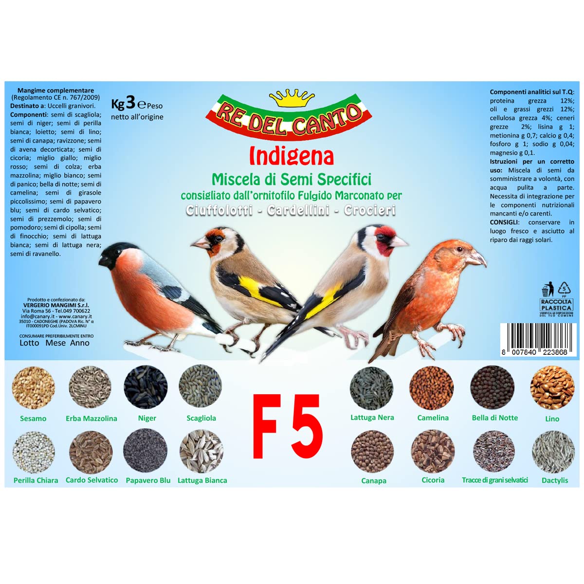 F5 Indigène 3kg - Mélanges spécifiques pour chardonnerets, bouvreuils, becs-croisés et spinus