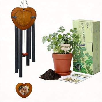 Memorial Wind Chimes with Wooden Photo Frame and 10 Indoor Herb Garden Kit