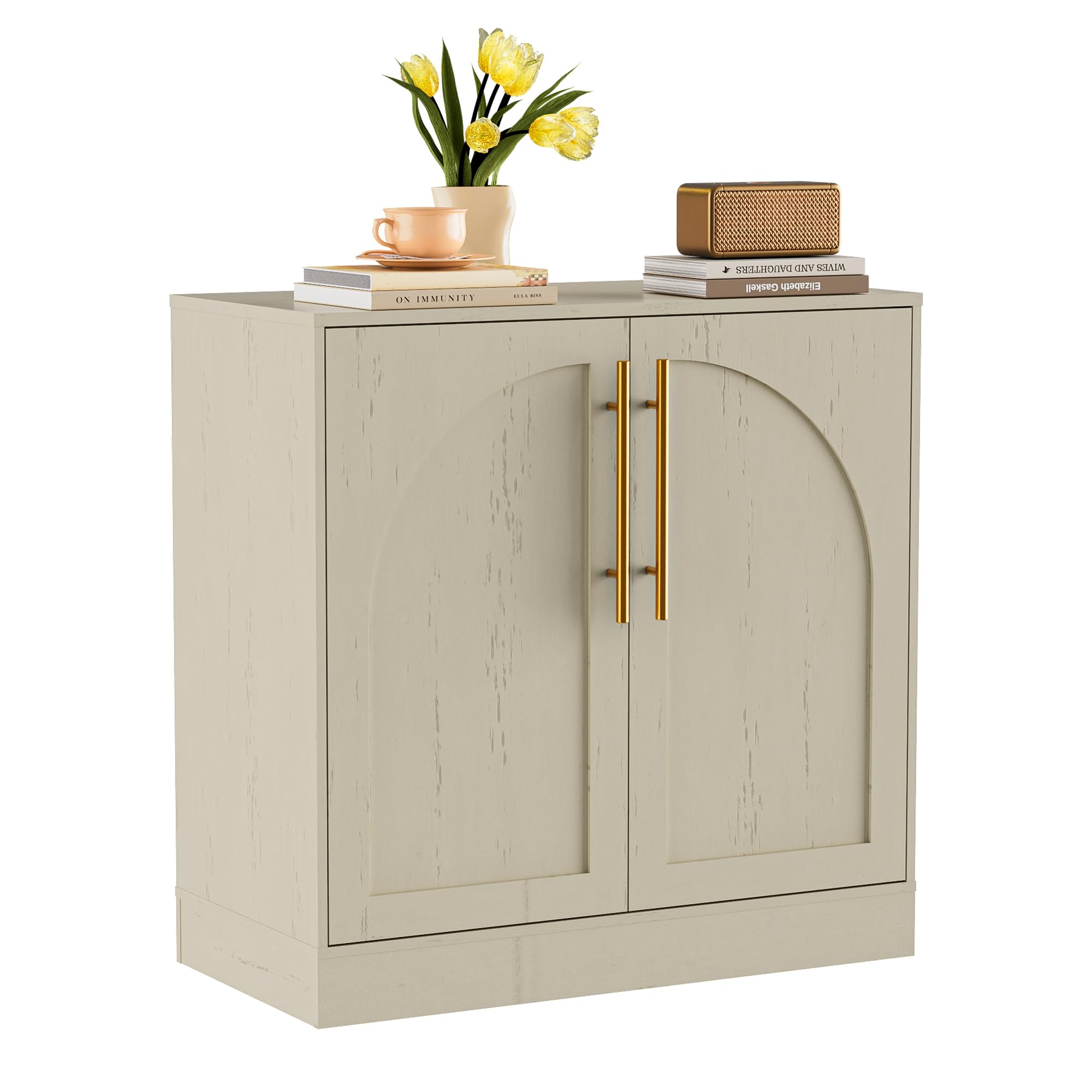 UEV Low Sideboard 2 Door Storage Cabinet with Gold Metal Handle, Adjustable Removable Shelf Arch Pattern Door, 50kg Stand for Kitchen, Living Room, Bedroom, Office, 80 x 40 x 78 cm, Beige