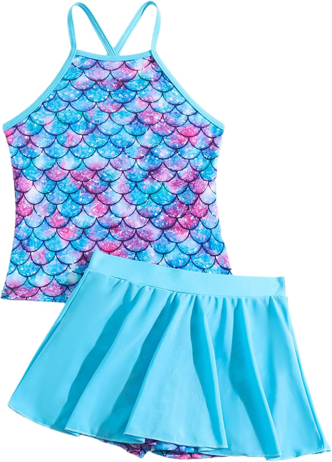 Kids Girls Two Pieces Swimwear Mermaid Scales Printed Swim Top with Swimskirts Bathing Suits