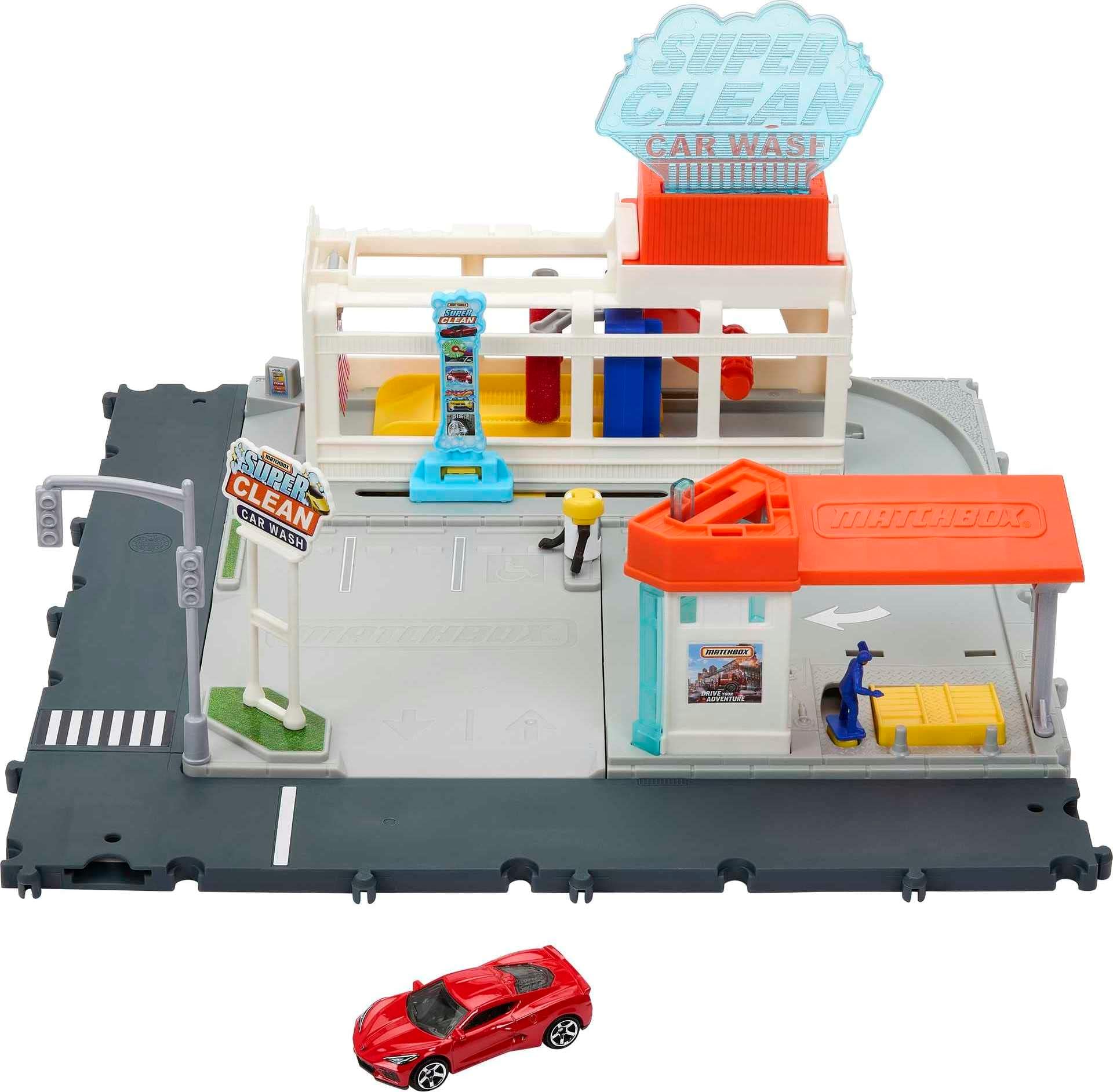 Matchbox Cars Playsets, Matchbox Super Clean Carwash, Realistic Lights and Sounds, Kid and Car-Activated Features and Connects to Other Sets, 1 Matchbox Car