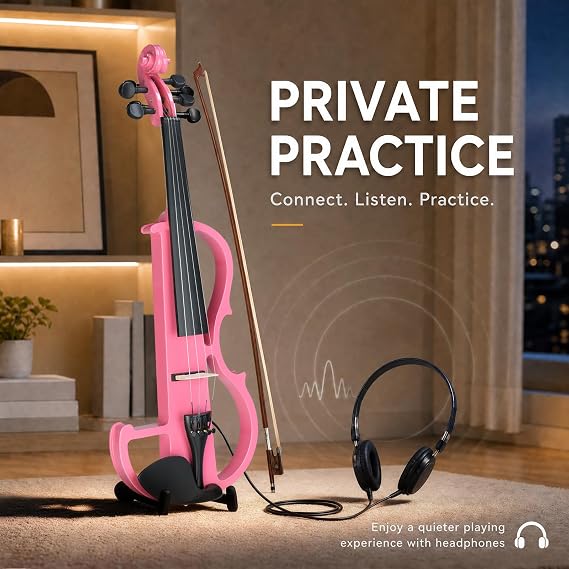 Electric Violin 4/4 Full Size, Solid Wood Silent, Pink