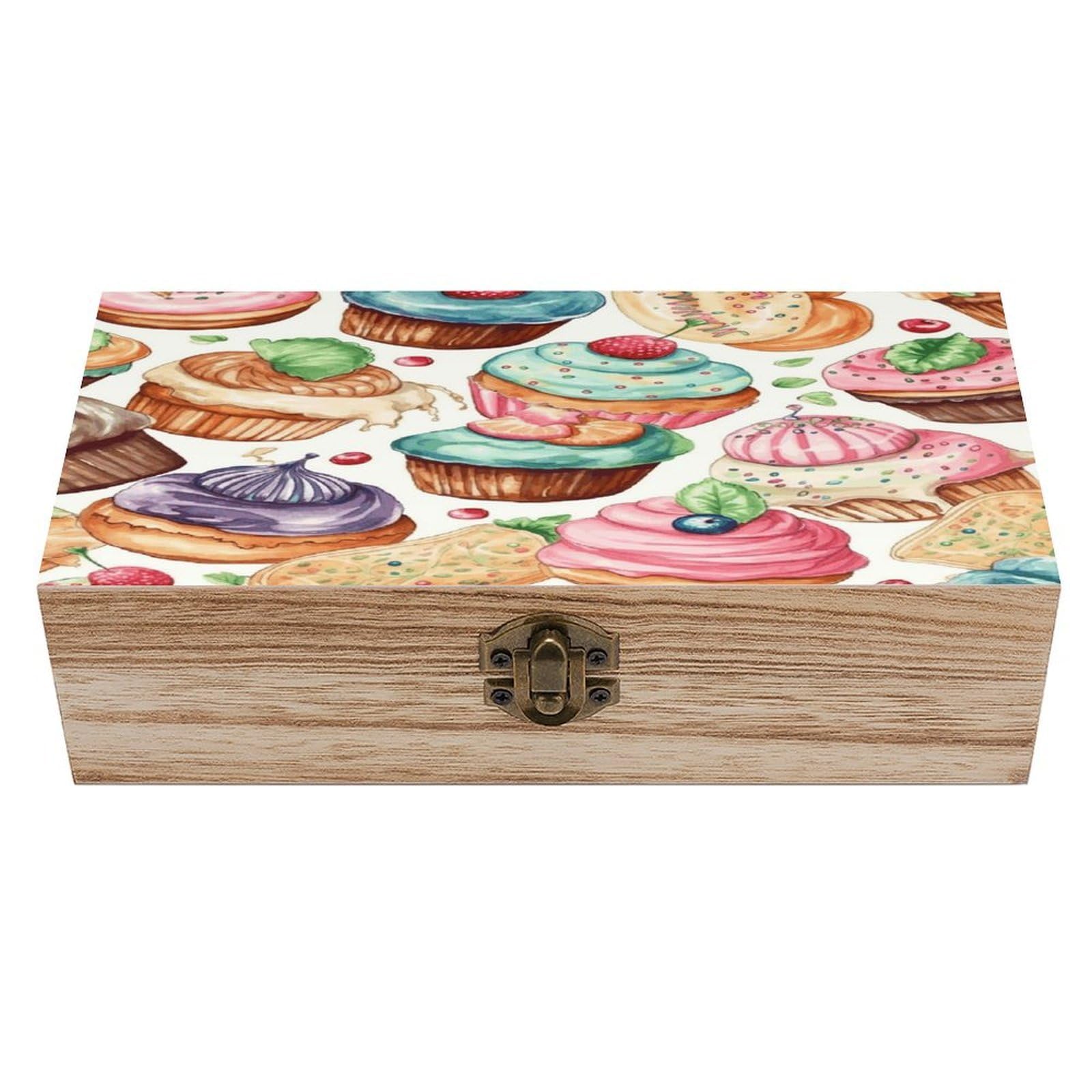 JTREHY Cupcakes Donuts Muffins Sugar Wooden Keepsake Box Vintage-Style Wood Keepsake Case with Hinged Lid Solid Wood Boxes Beautifully Memory Treasure Case Vintage-Style Wooden Storage Box