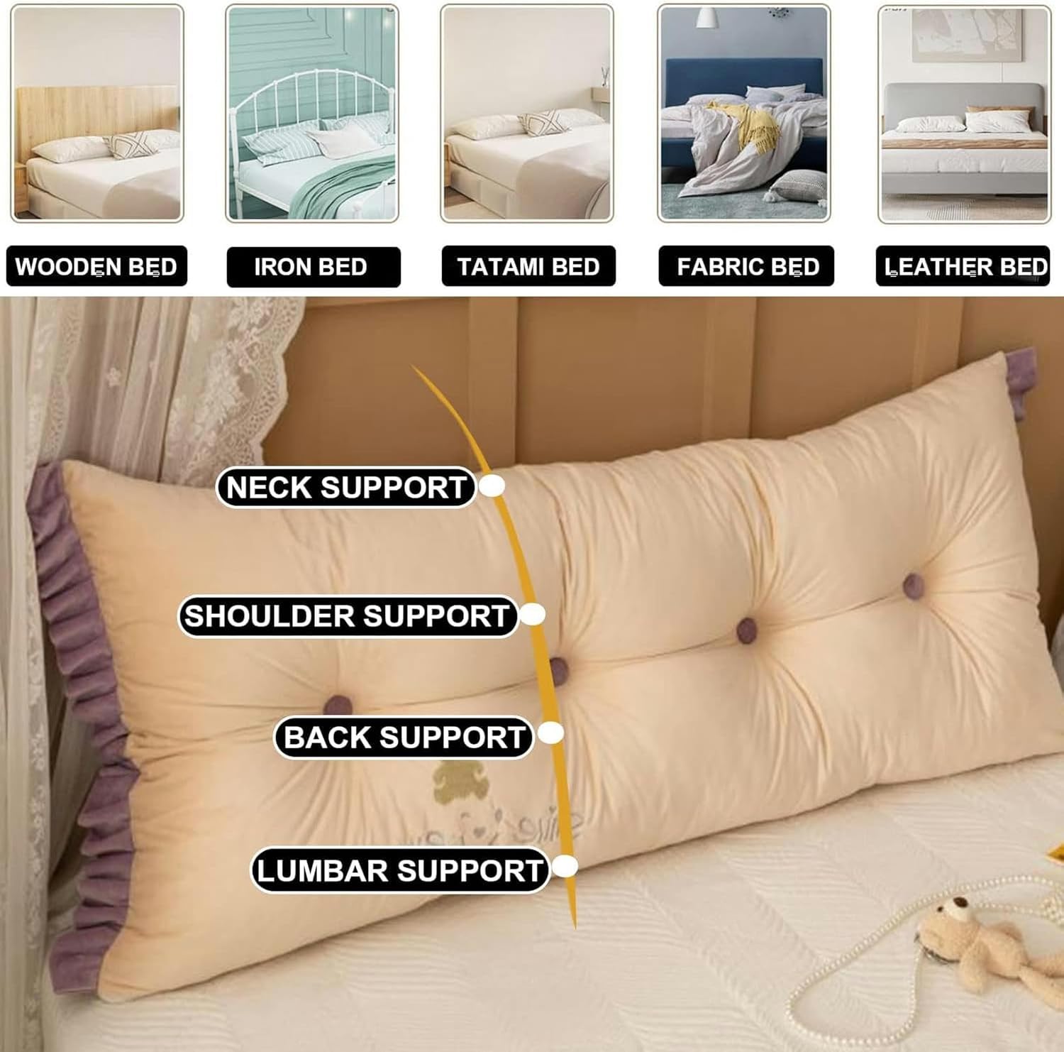 Reading Pillows Large Backrest Headboard Pillow Wedge Lumbar Rest Pillow,Long Pillow Bed Back Support Cushion Velvet Bolster for Dorm Room Day Bed