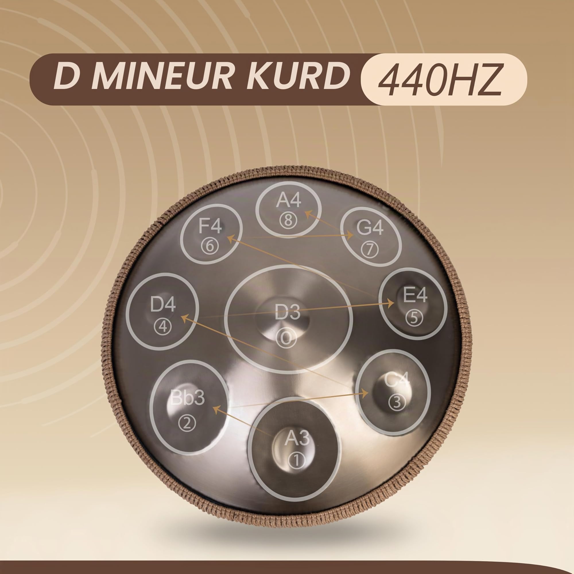Handpan Drum - 22-Inch 9-Note D Kurd 440Hz - Hand Tuning Handpan - Includes Soft Bag, Mallets, Stand, Note Stickers, Cleaning Cloth - Artist Performance Video
