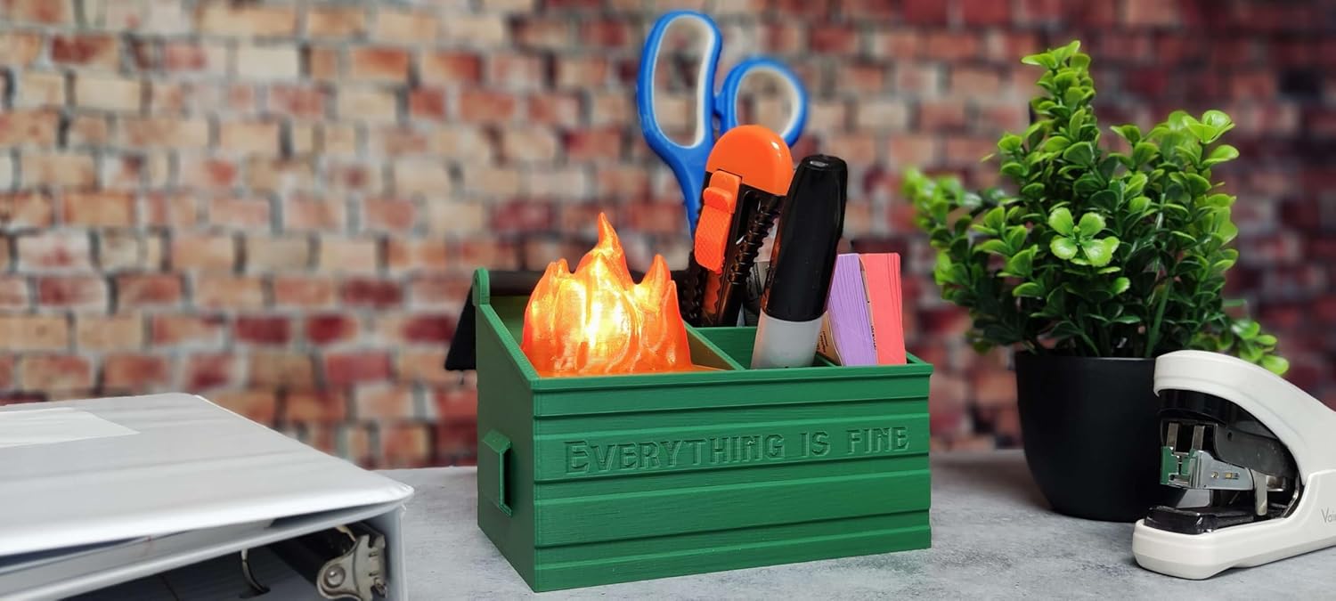 MunnyGrubbers - Dumpster Fire Desk Organizer Caddy - Includes Removable Fake LED Flame & Remote - Cute Desk Decor, Gag Gifts, Funny Gifts for Coworker, Employee Appreciation - (DFPH-Blue)