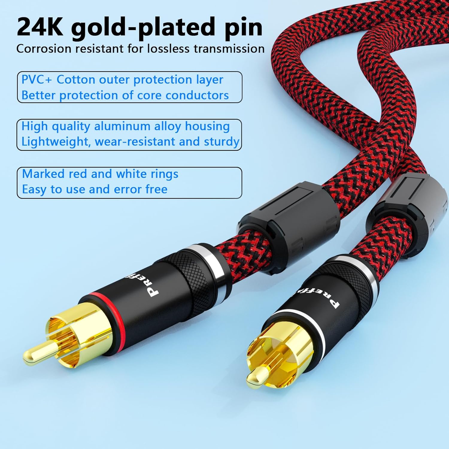 Preffair RCA Cables OFC Copper Shielded Interconnecting Wires with Gold Plated Single RCA Male to RCA Male Connectors Braided Signal Wires for Amplifier, Subwoofer, DAC Decorder,1 Pair (1M/3.3FT)
