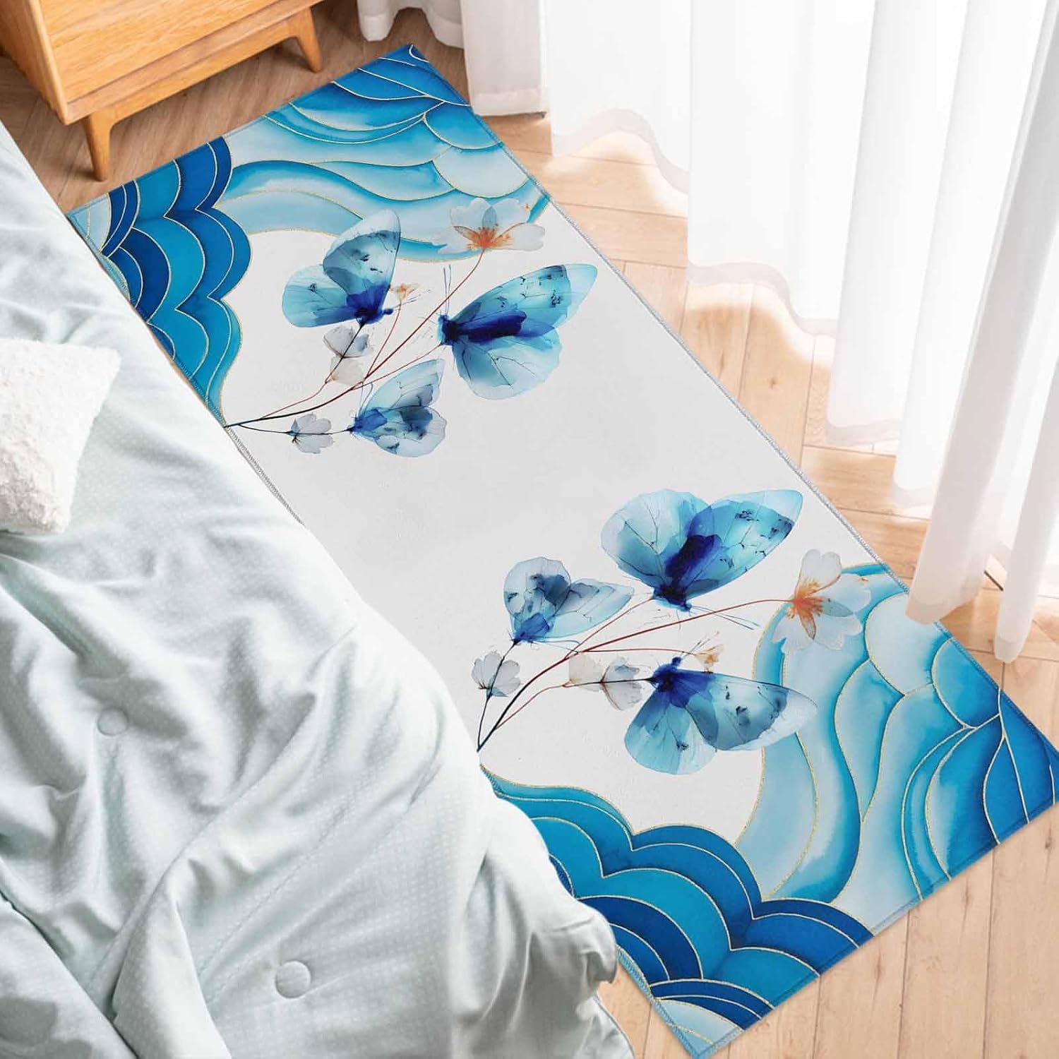 Teamery Kitchen Mats for Floor Watercolor Flower Butterfly Washable Non Slip Kitchen Rugs 1PCS, Abstract Ocean Wave Stripes Absorbent Standing Mats for Sink Bathroom Office Living Room 23.6x70.9in