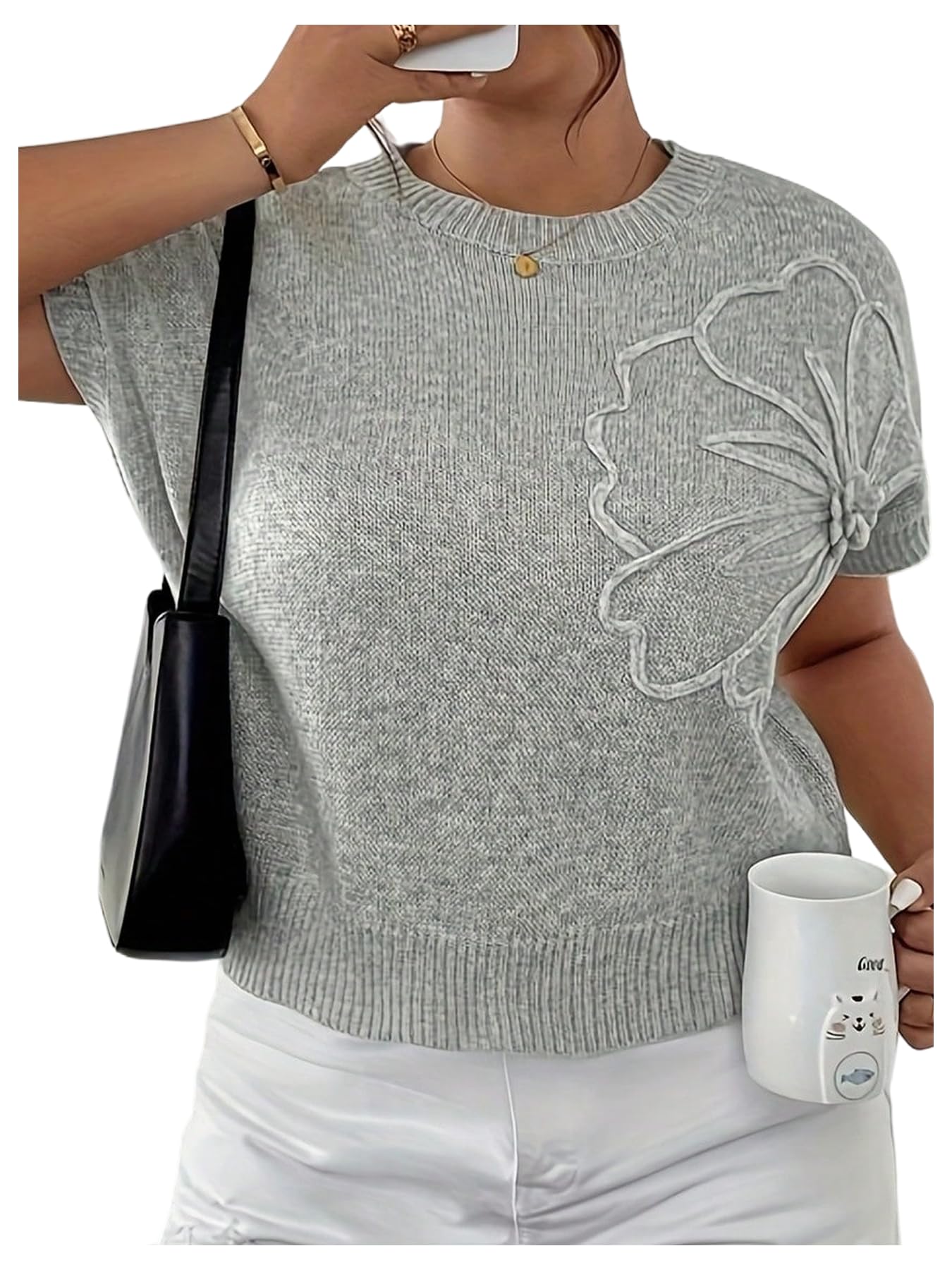 SweatyRocks Womens Plus Size 3D Floral Sweater Mock Neck Floral Knit Short Sleeve Sweater Pullover Tops