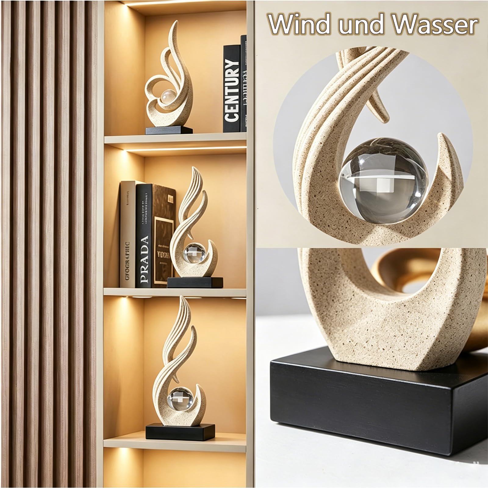 Sandfarben Moderne Skulpturen Deko, Deko Wohnzimmer, Abstrakte Kunst Statue mit Glaskugel, Ornamente für Büro, Harz Tischdekoration für Wohnzimmer, Esszimmer, Büro