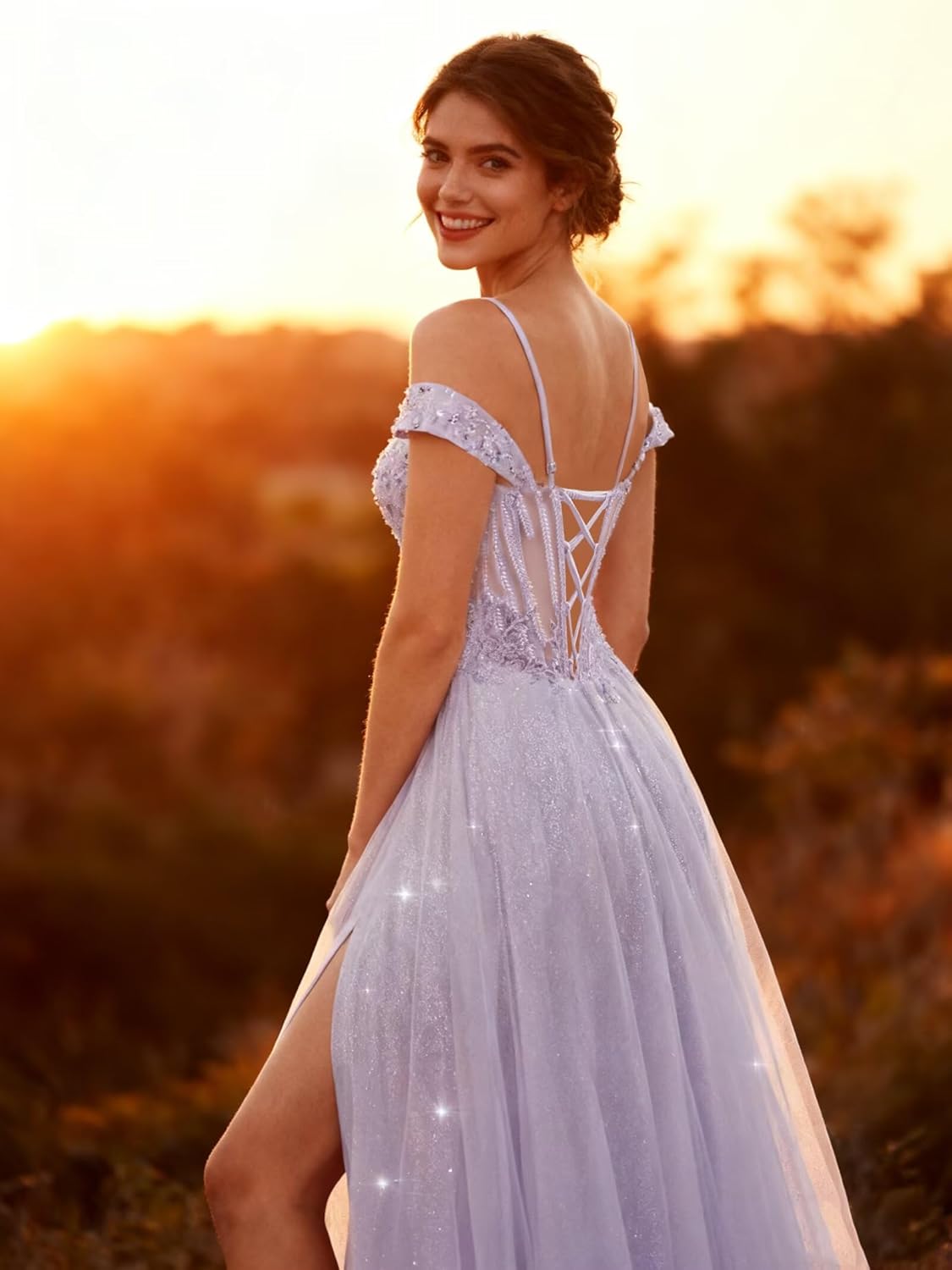 Off Shoulder Tulle Prom Dresses 2026 Lace Beaded Ball Gowns for Women Formal A Line Sparkly Evening Gown with Slit - Image 3