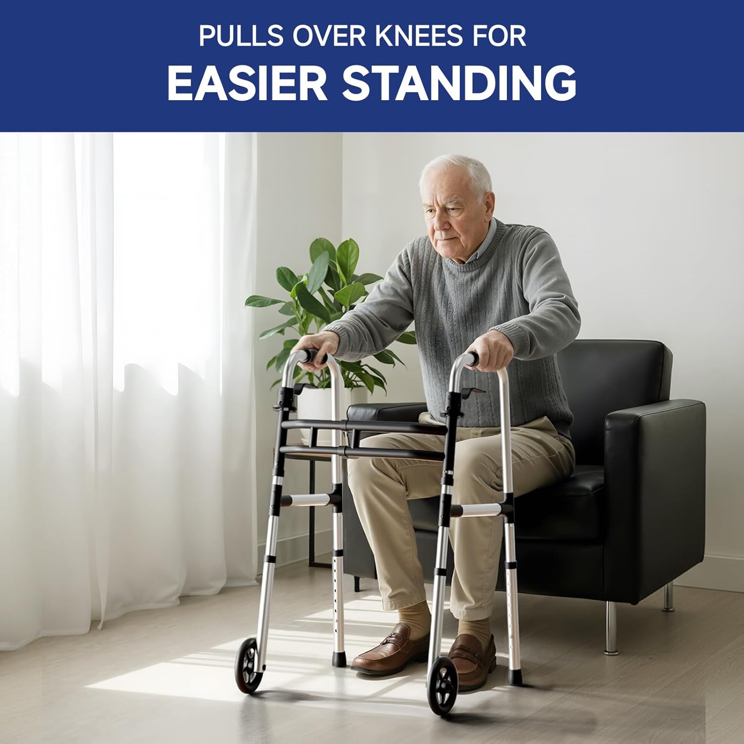 Walkers for Seniors Foldable, Aluminum Lightweight Walker with Wheels, Adjustable Height & Width Standard Walkers for Elderly & Disabled, 350 lbs Capacity, Silver