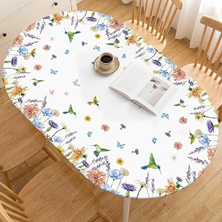 Horaldaily Spring Fitted Tablecloth for 64x44 Inch Oval, Daisy Floral White