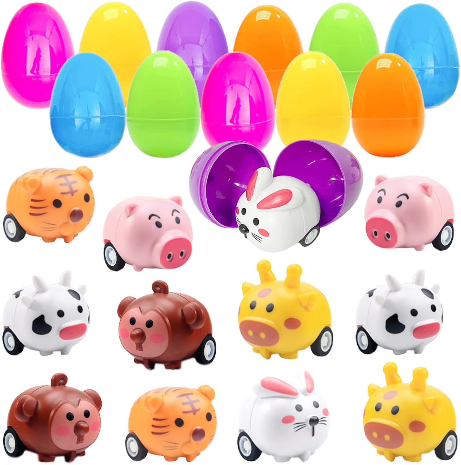 BAINFE 12PCS Easter Eggs with Pull Back Car Toys, Plastic Eggs with Cartoon Animal Vehicles for Kids Easter Egg Hunts, Easter Basket Stuffers Fillers, Easter Party Favor Classroom Prize Supplies