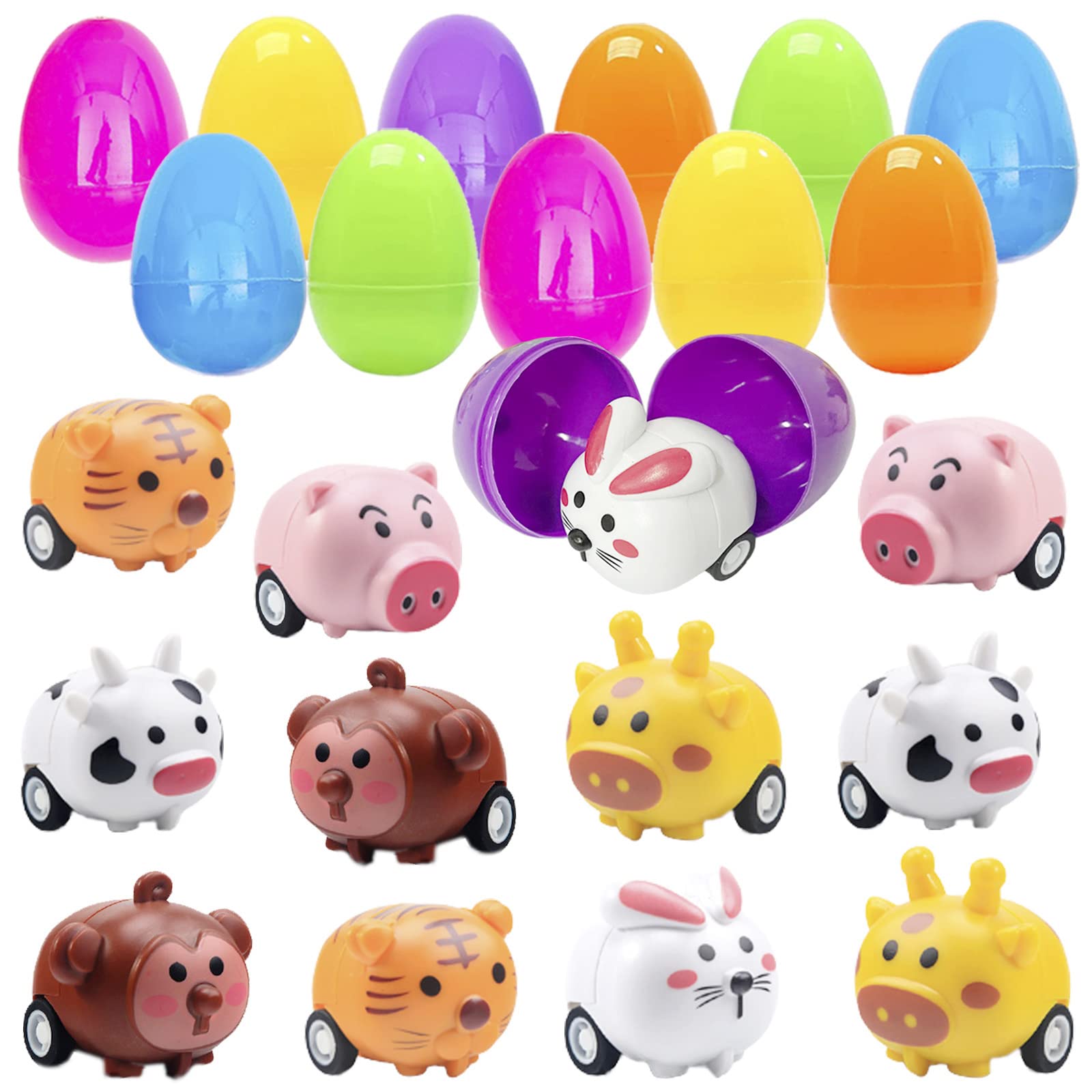 12PCS Easter Eggs with Pull Back Car Toys, Plastic Eggs with Cartoon Animal Vehicles for Kids Easter Egg Hunts, Easter Basket Stuffers Fillers, Easter