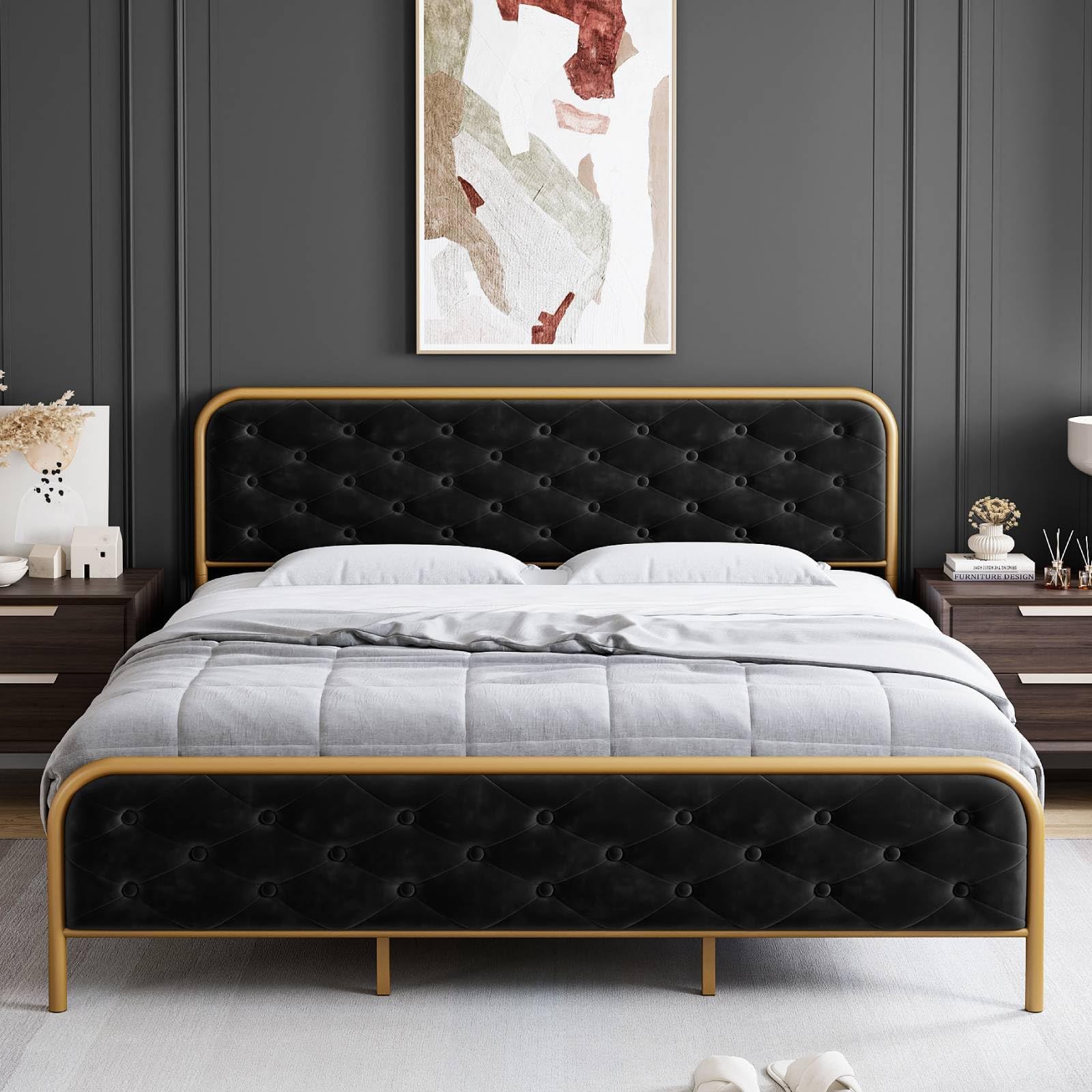 IDEALHOUSE 2024 New King Size Bed Frame, Luxurious Bed Frames with Elegant Button Tufted Curved Headboard – Velvet Upholstered Platform Bed Frame, No Box Spring Required, Gold-Black