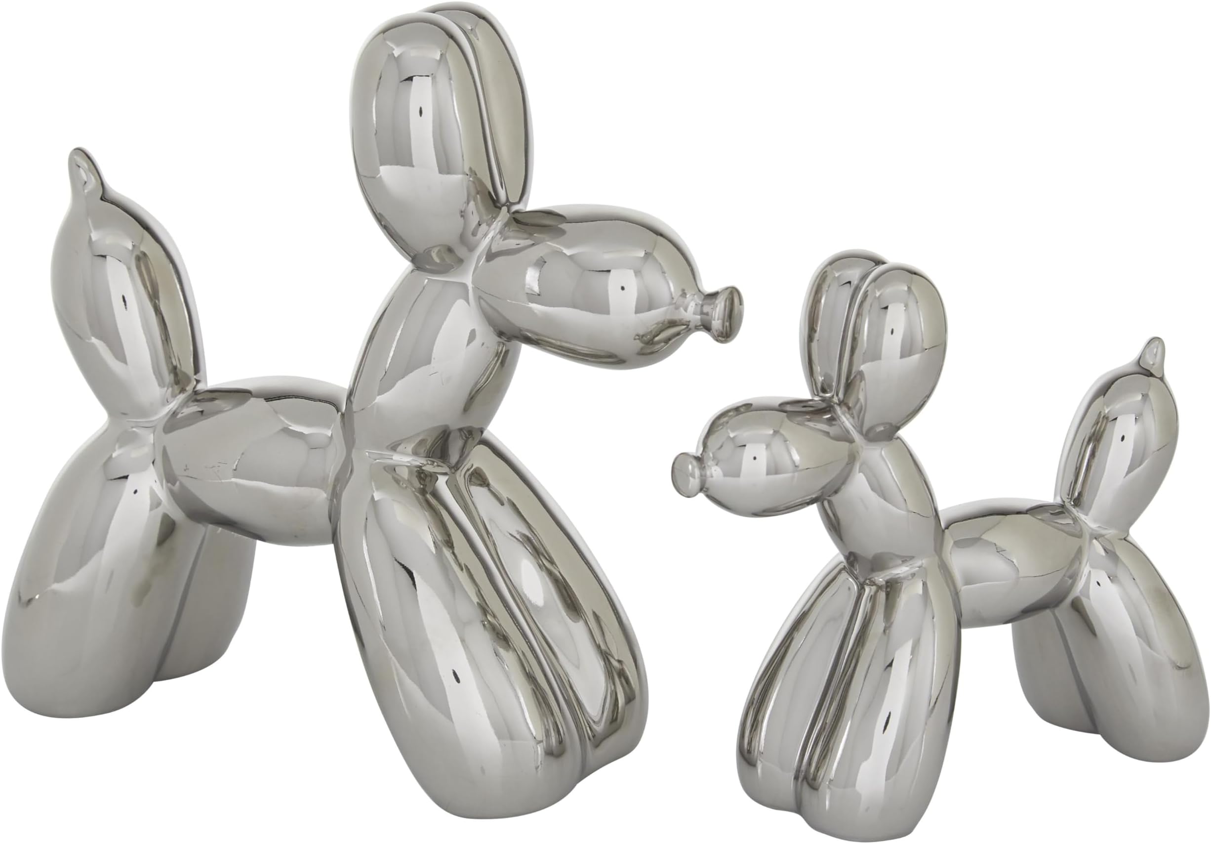 Deco 79 Porcelain Ceramic Dog Decorative Sculpture Balloon Home Decor Statues, Set of 2 Accent Figurines 9", 7"H, Silver