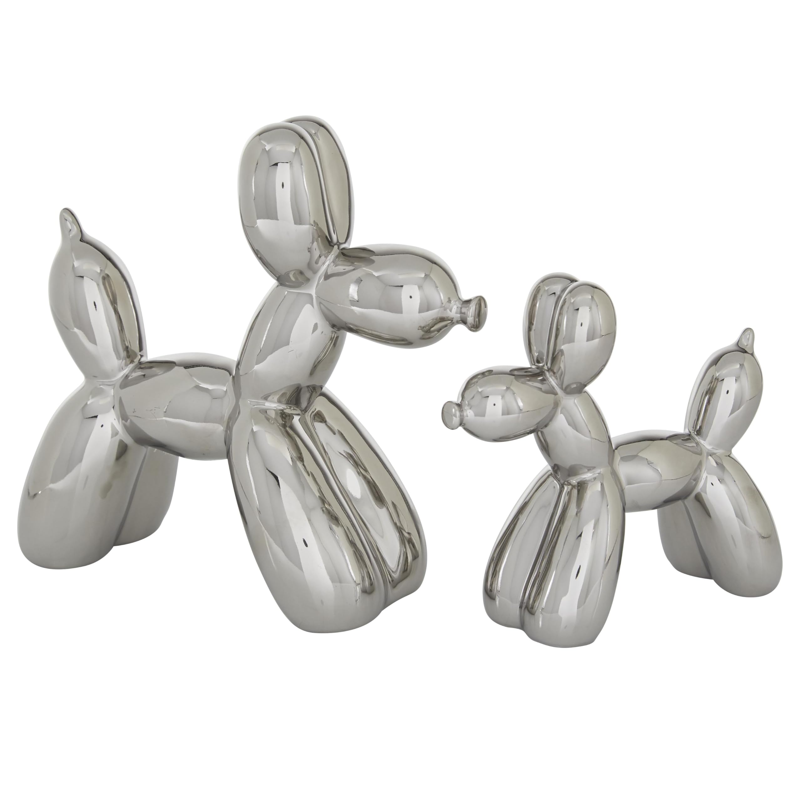 Deco 79 Porcelain Ceramic Dog Decorative Sculpture Balloon Home Decor Statues, Set of 2 Accent Figurines 9", 7"H, Silver