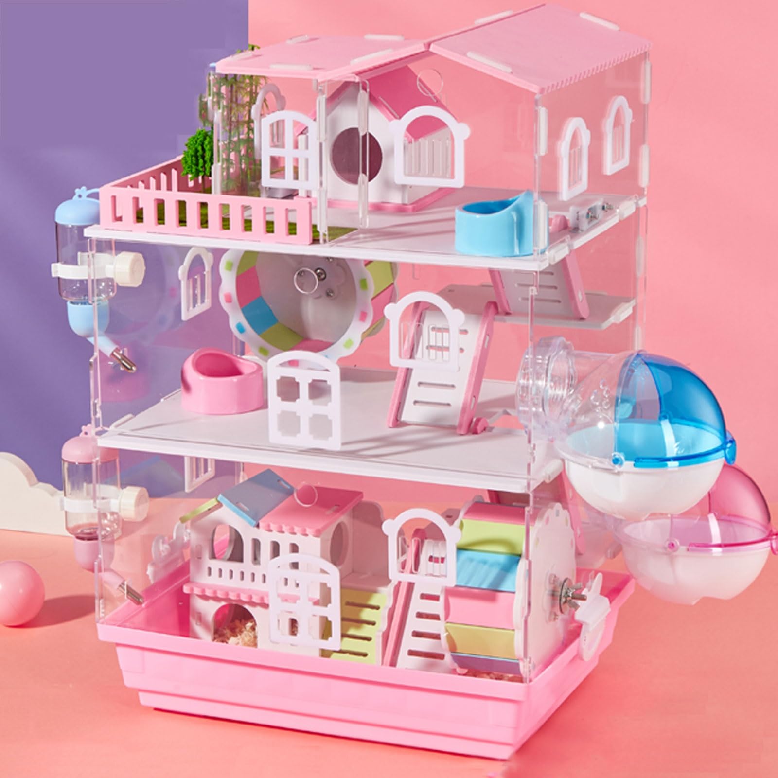 XIAOZHUANGXIONG Hamster Cages And Habitats, Indoor Outdoor Guinea Pig Cage with Kettle, Food Bowl, Two Layers, Three Layers Optional, Transparent Hamster Cage (Color : Pink, Size : 3 layer d)