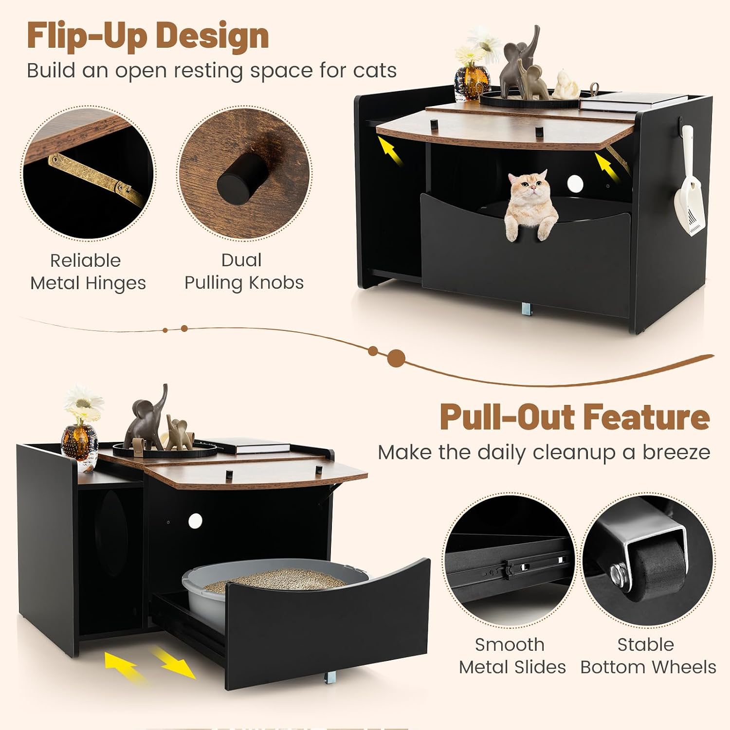 Giantex Cat Litter Box Enclosure - Hidden Cat Washroom Furniture with Rolling Pull-Out Drawer, Flip-up Door, Front Entry, Air Vents, Hanging Hook, Wooden Pet Crate Cat House Storage Cabinet