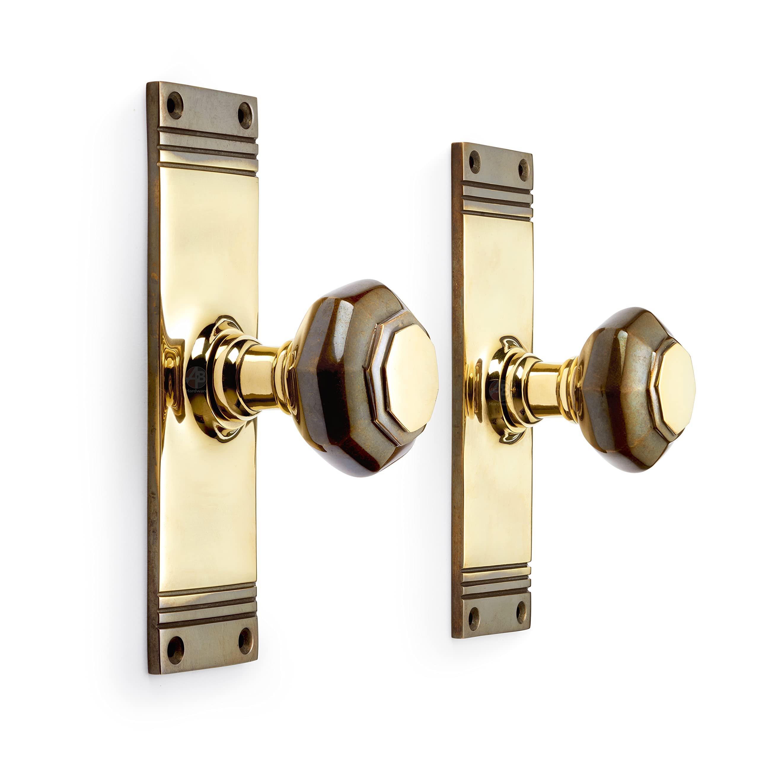 Ab Hardware Aged Brass Solid Brass Octagonal Door Knobs On Backplate Mortice Pair Set Quality (Aged Brass)